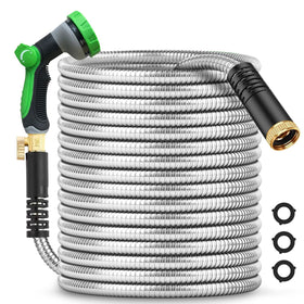 Greenleisure 200ft metal garden hose coiled for easy storage and handling.