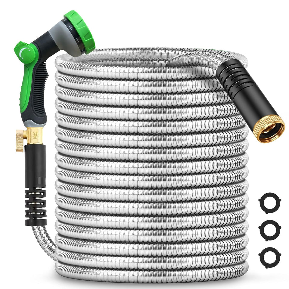 Greenleisure 200ft metal garden hose coiled for easy storage and handling.