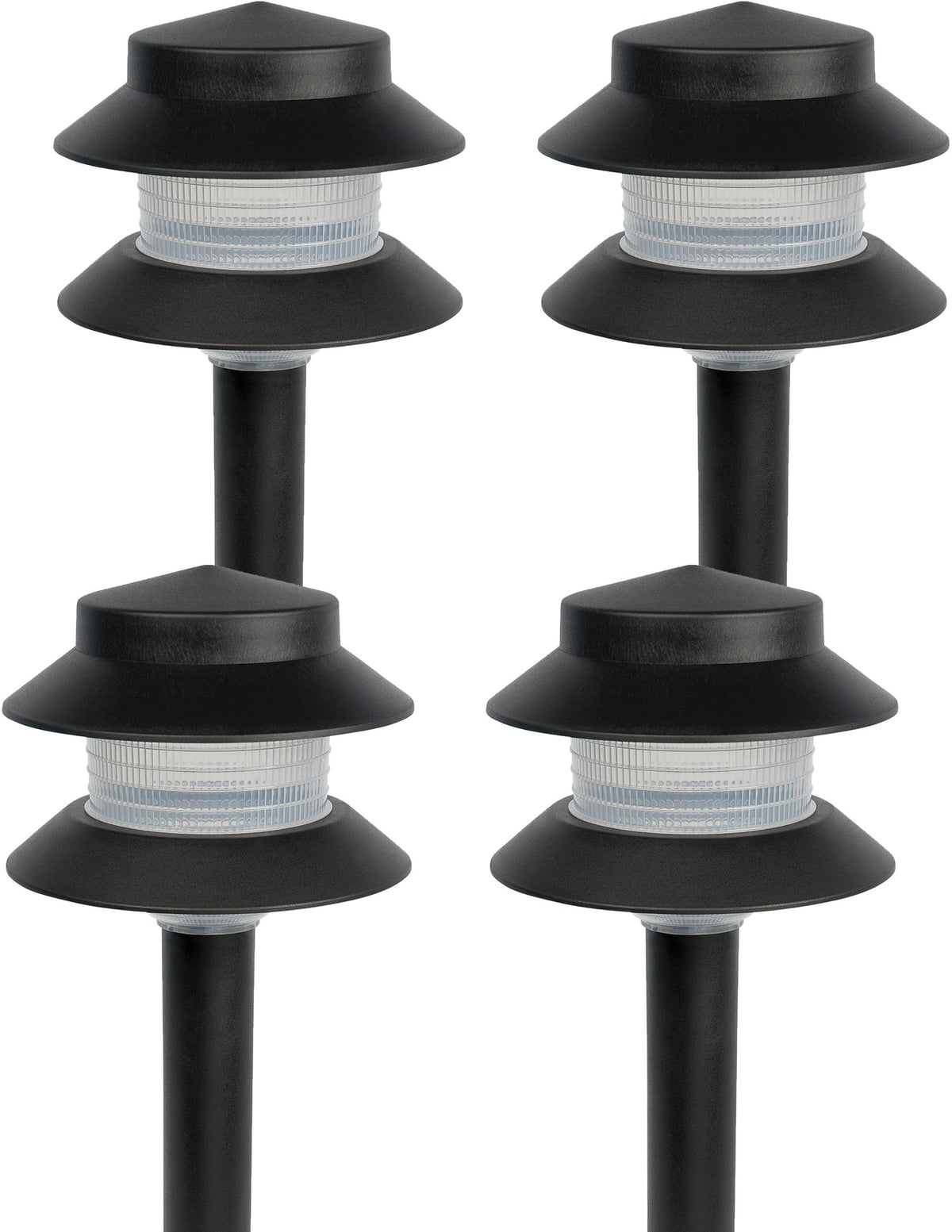 GreenLighting Paradise two-tier path light along a garden path with warm glow