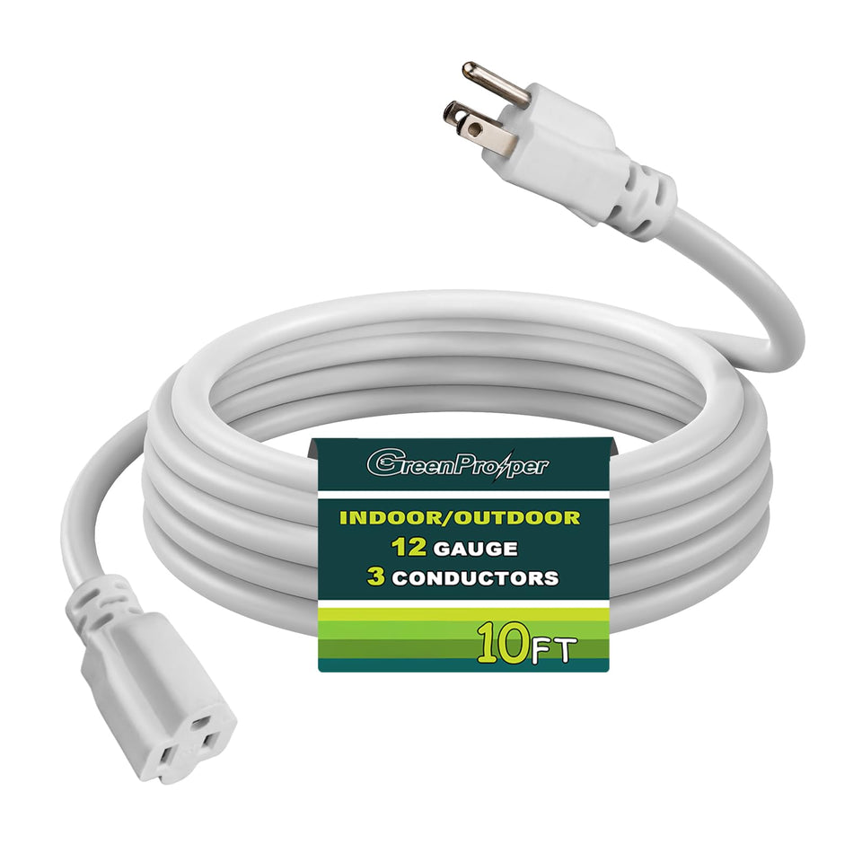 GreenProsper outdoor 10ft white 3-prong extension cord for garden power reliability.