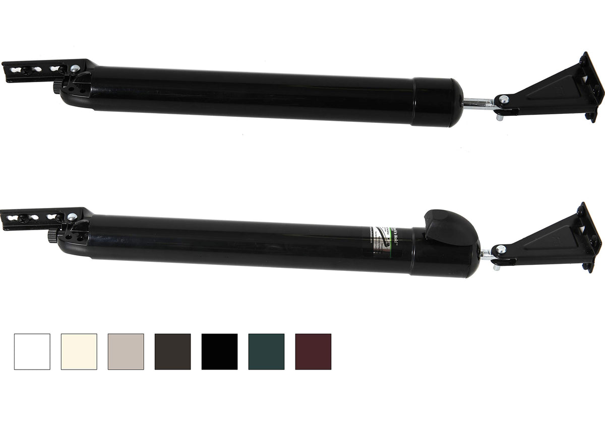 Greenstar Touch n Hold dual closer on a door showing the black finish and mounting.