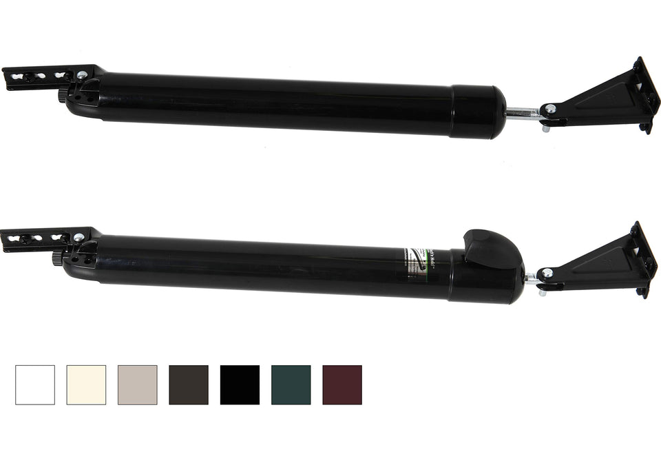 Greenstar Touch n Hold dual closer on a door showing the black finish and mounting.