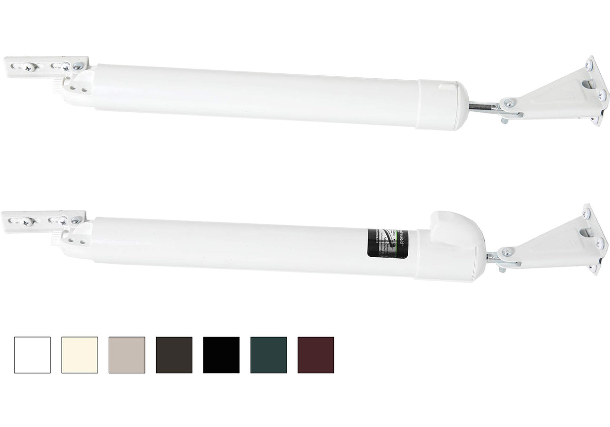 Greenstar Touch 'n Hold Smooth white door closer shown on a heavy door for easy hold-open use