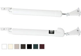 Greenstar Touch 'n Hold Smooth white door closer shown on a heavy door for easy hold-open use