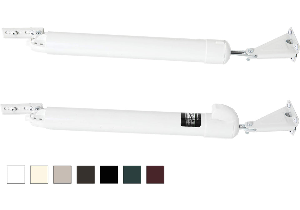 Greenstar Touch 'n Hold Smooth white door closer shown on a heavy door for easy hold-open use