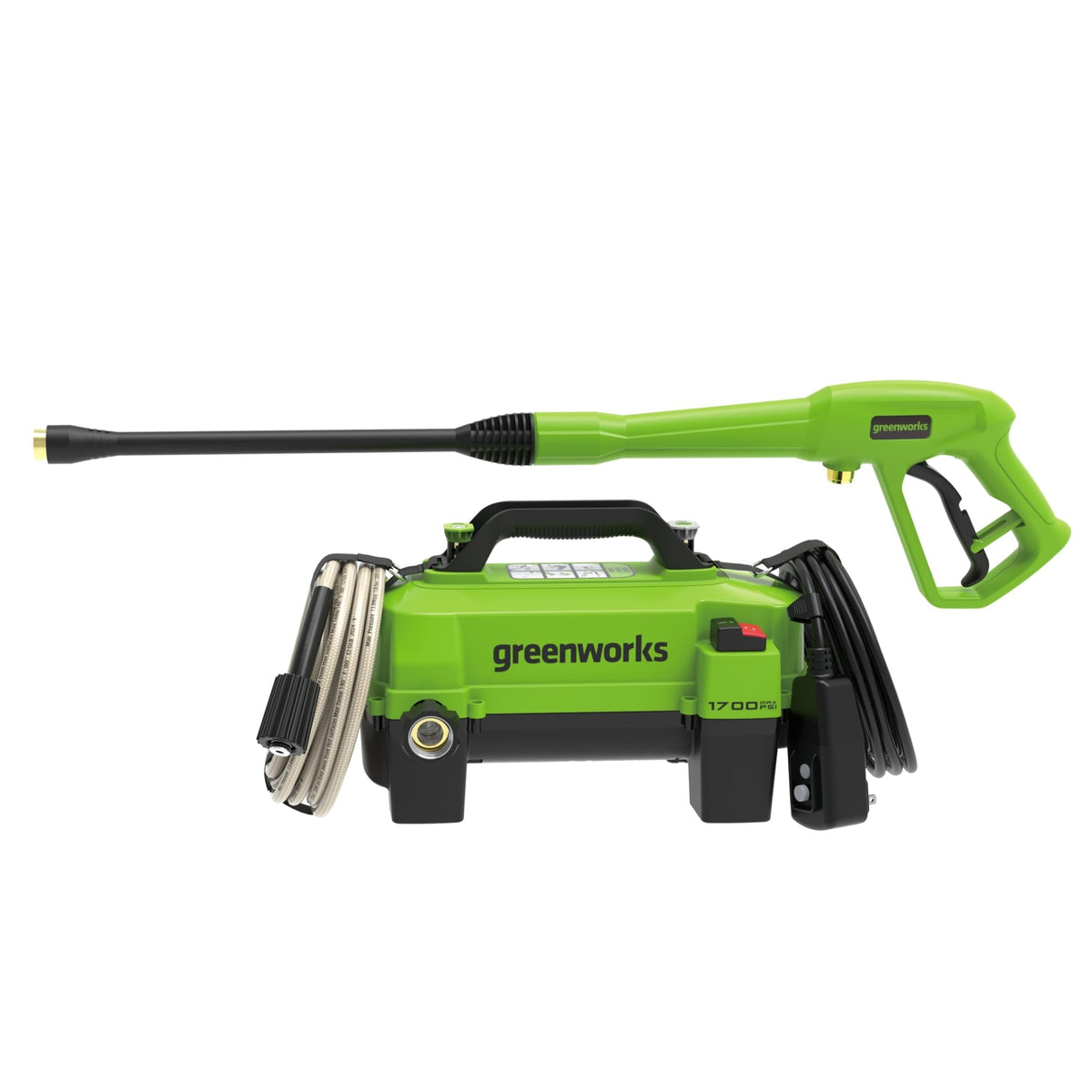 Greenworks 1700 PSI electric pressure washer front view for compact home cleaning