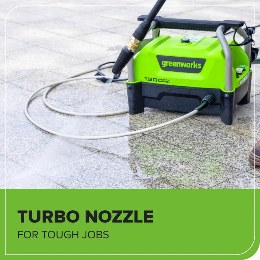 Greenworks 40-degree nozzle covers large patios quickly and evenly.