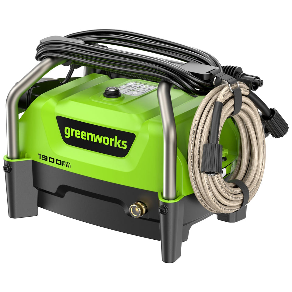 Greenworks 1900 PSI pressure washer front view showing portable cleaning power.