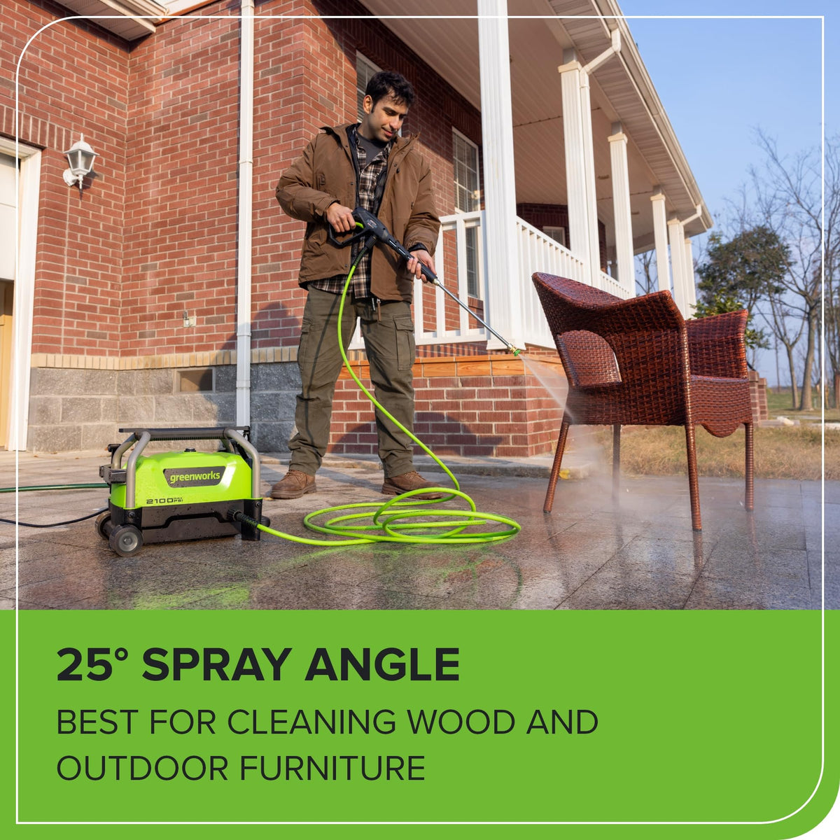 Greenworks nozzle set 25 and 40 degrees with turbo for versatile outdoor cleaning.