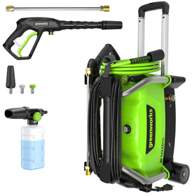 Greenworks 2100 PSI pressure washer with telescoping handle for easy storage and transport.