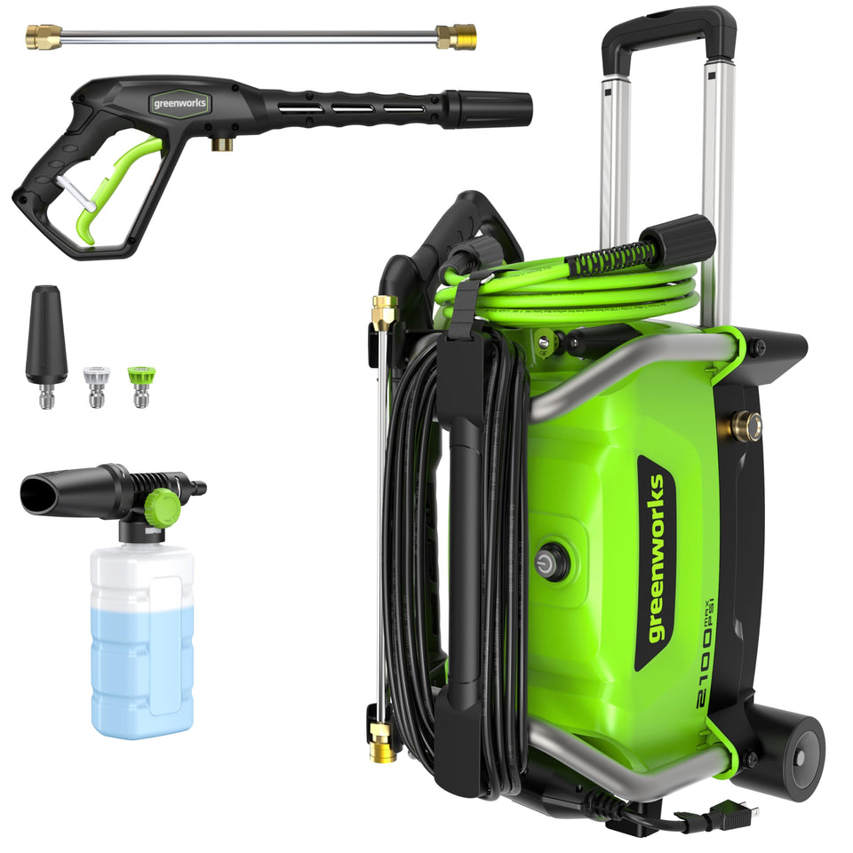 Greenworks 2100 PSI pressure washer with telescoping handle for easy storage and transport.