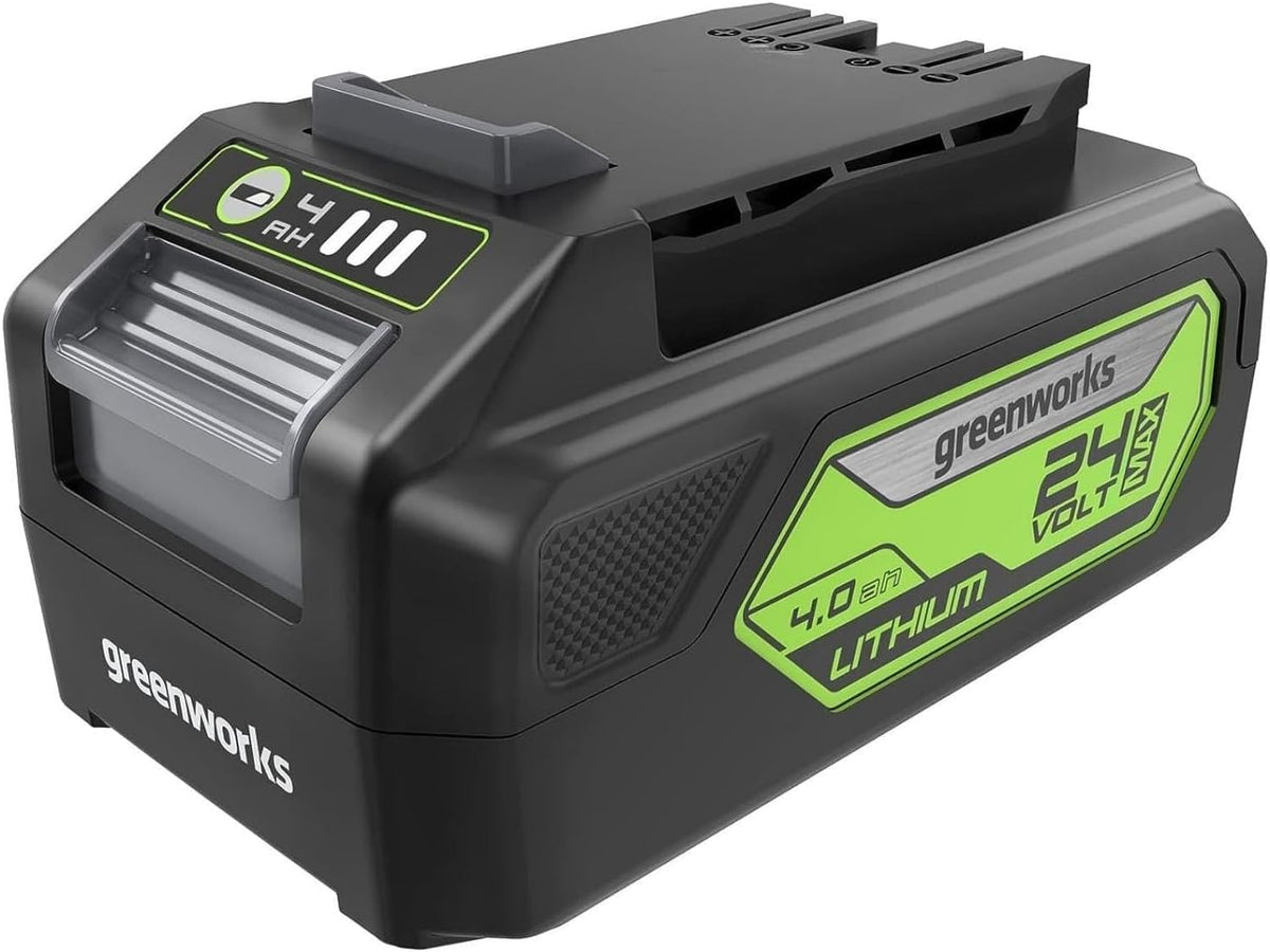 Greenworks 24V 4Ah battery front view showing fade-free power for longer tool runs.