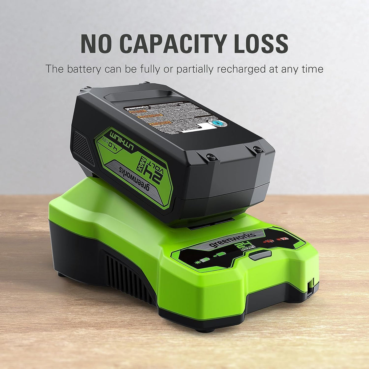 Greenworks 24V 4Ah battery onboard fuel indicator for quick power checks.