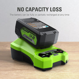 Greenworks 24V 4Ah battery onboard fuel indicator for quick power checks.
