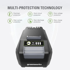 Greenworks 24V 4Ah battery side view highlighting compact design for easy storage.