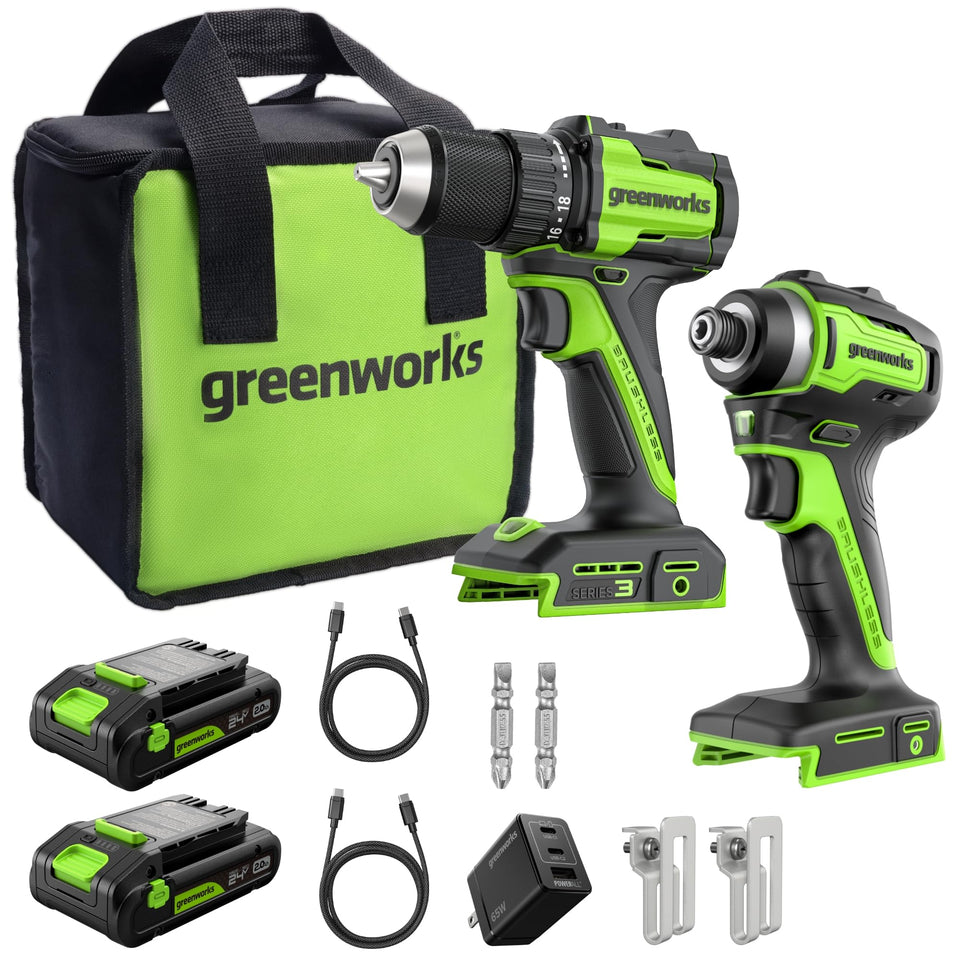 Greenworks 24V brushless drill with 2-speed control for precise drilling.
