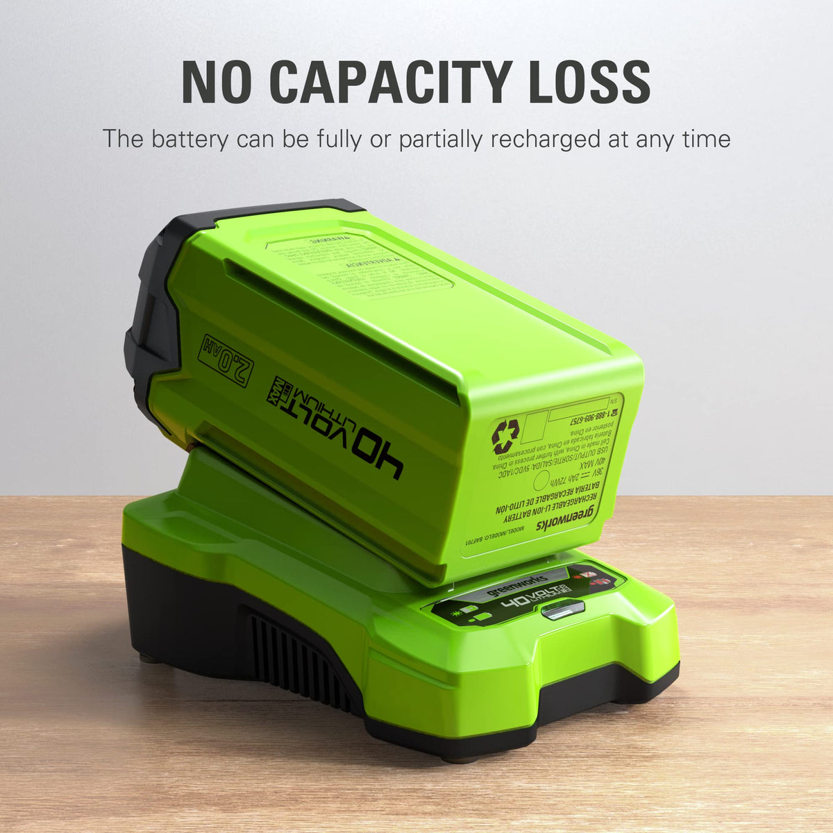 Greenworks GMAX 40V charger 29462 compatible for readiness.