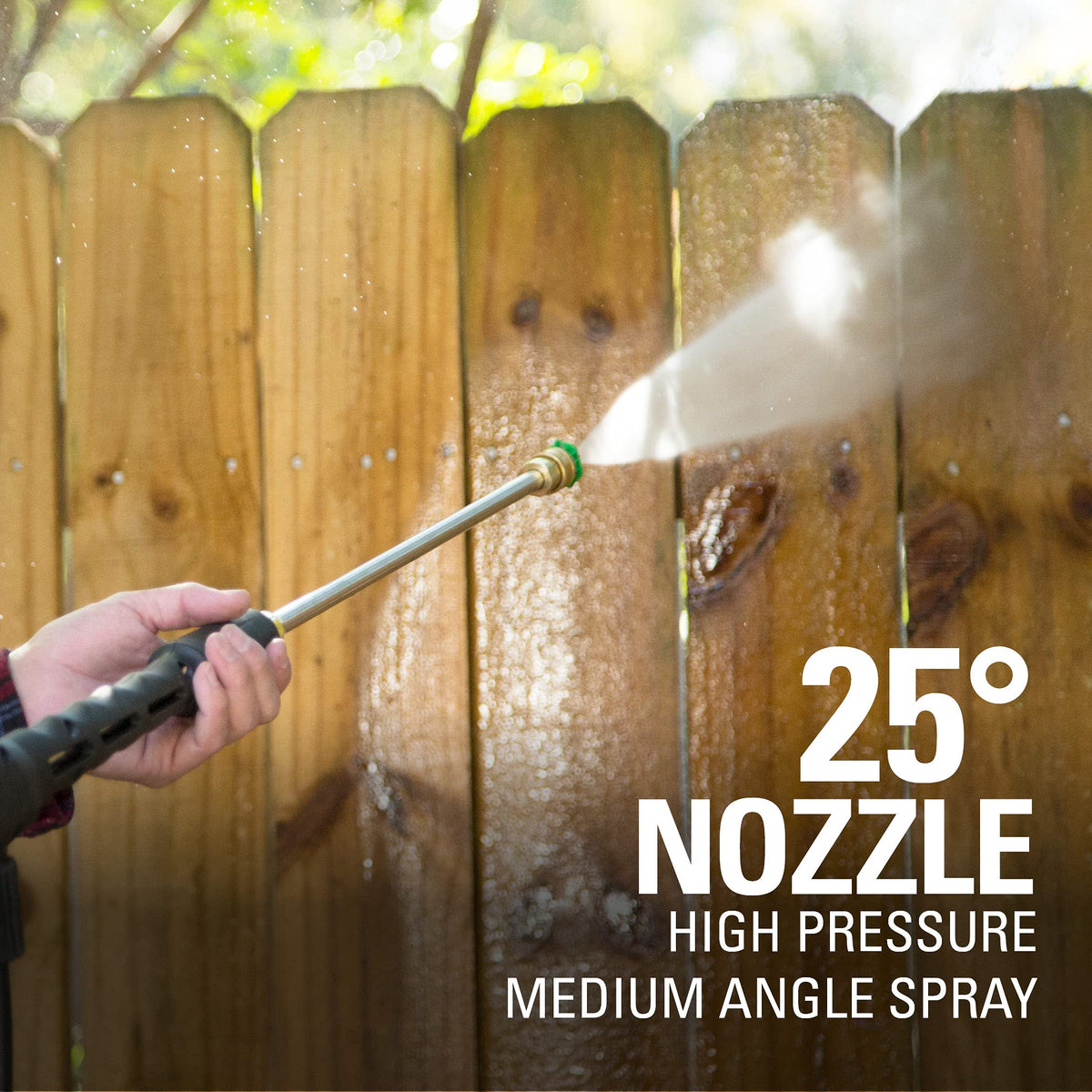 Greenworks 40-degree nozzle broadens surface area cleaning.