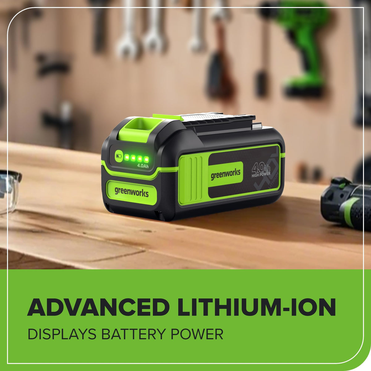 Greenworks 40V battery compatibility label highlights 75+ tools compatibility.