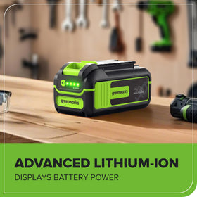 Greenworks 40V battery compatibility label highlights 75+ tools compatibility.