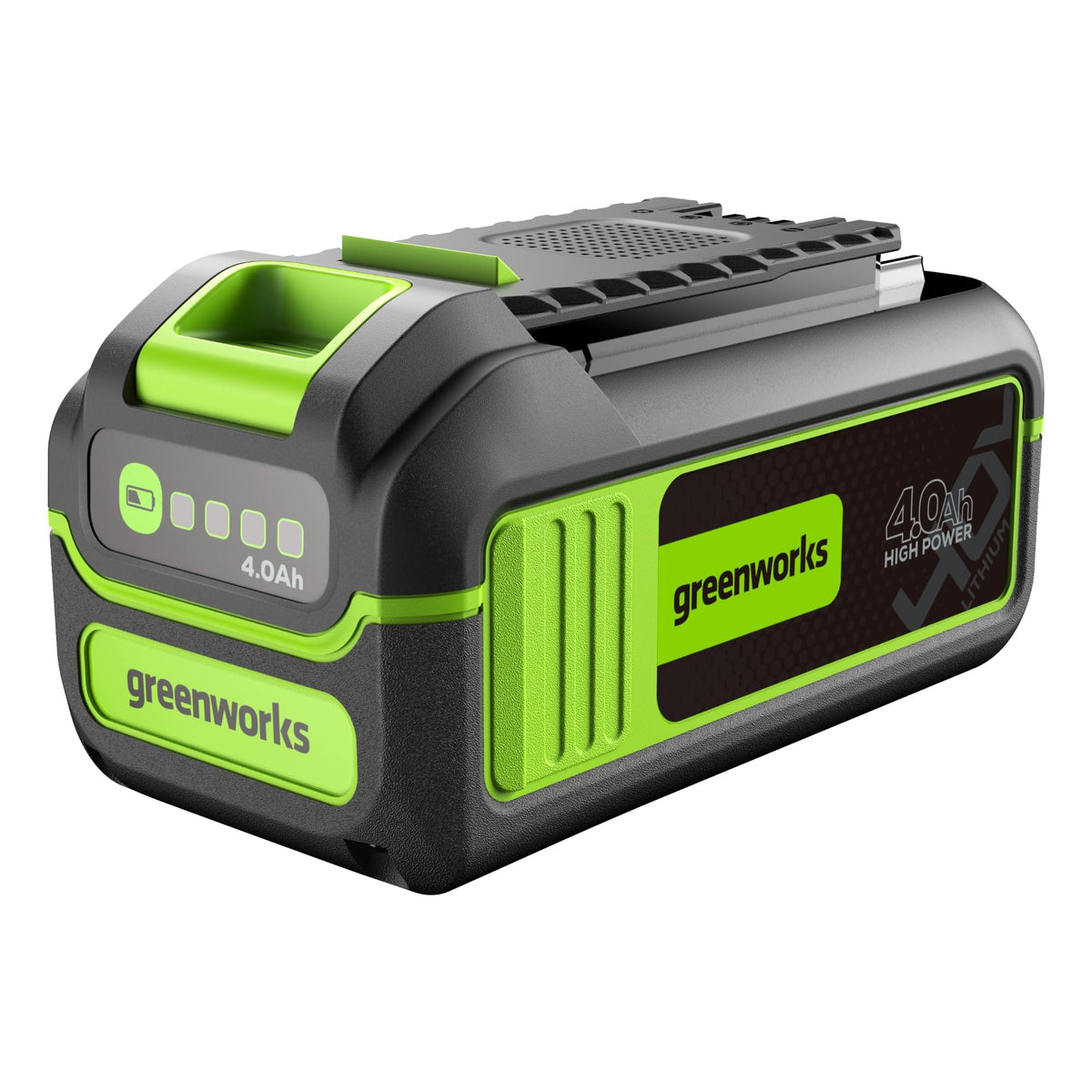 Greenworks 40V battery front view for compact, easy handling during yard projects.