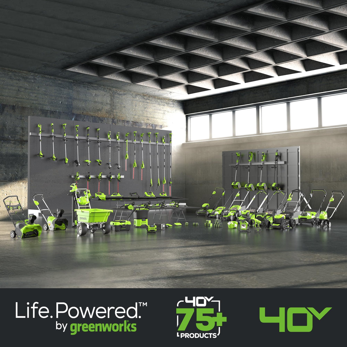 Greenworks 40V battery in use with tool demonstrates cordless freedom.