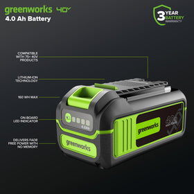 Greenworks 40V battery LED indicator shows charge status for quick planning.