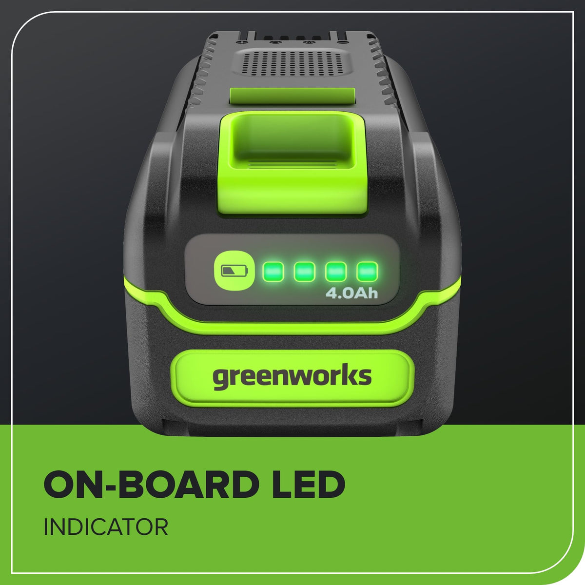 Greenworks 40V battery side profile shows slim, portable design.