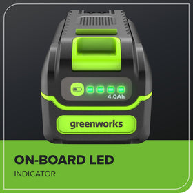 Greenworks 40V battery side profile shows slim, portable design.