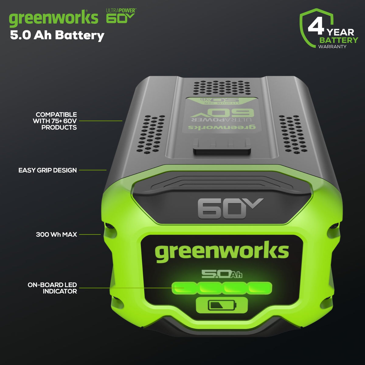 Greenworks 60V Ultra Power battery charging dock ready for quick recharging.