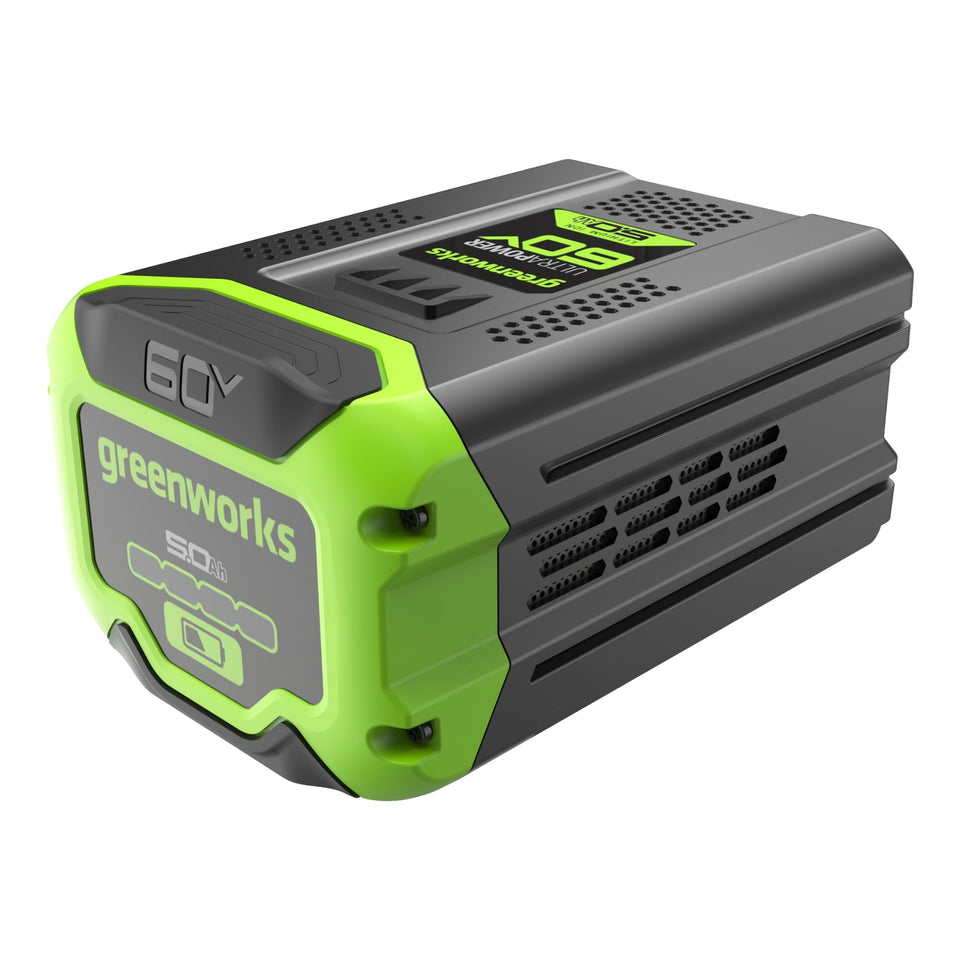 Greenworks 60V Ultra Power battery front view, showcasing fade-free performance and reliability.