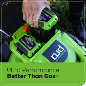 Greenworks 60V Ultra Power battery fuel indicator shows remaining runtime clearly.