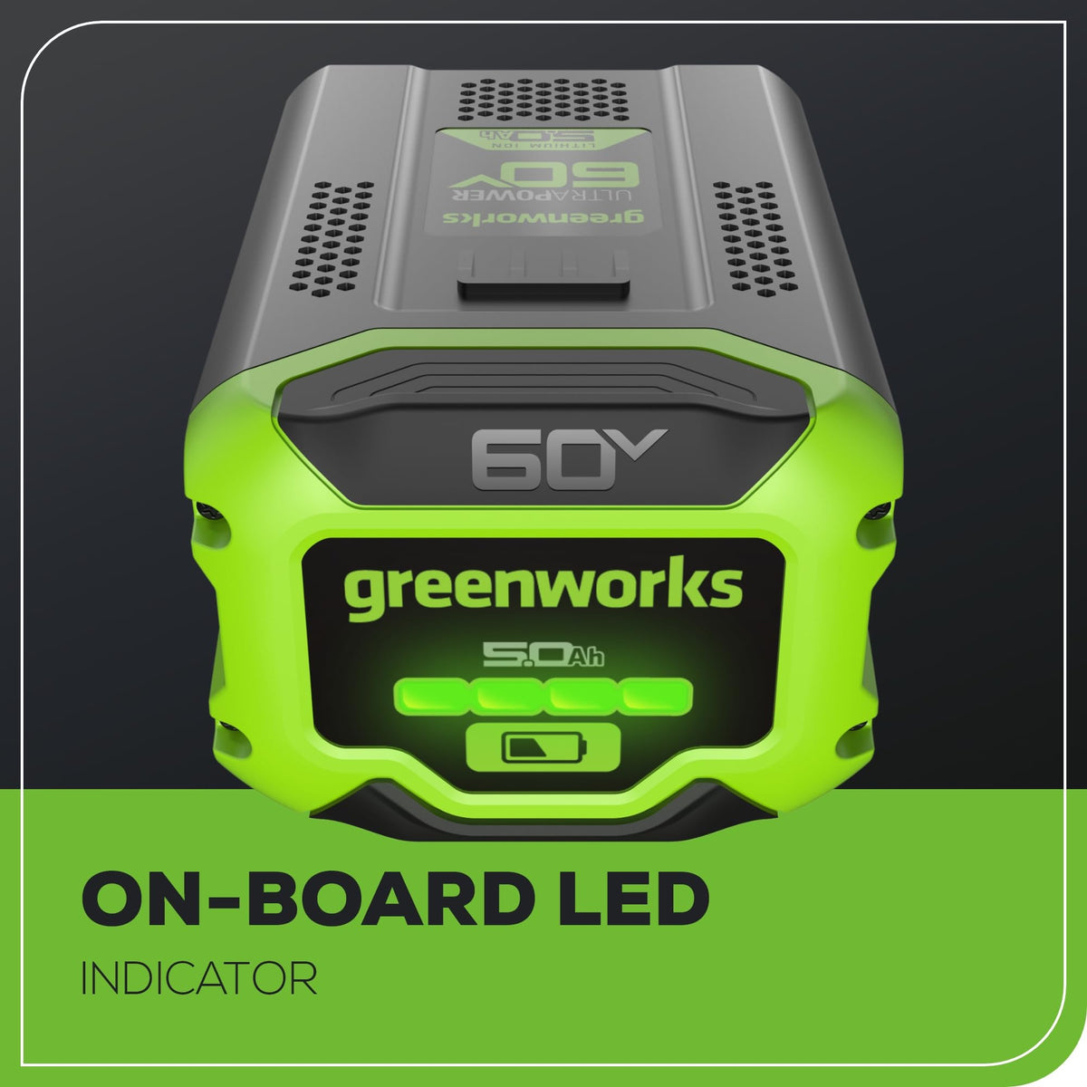 Greenworks 60V Ultra Power battery in use with a lawn mower, seamless tool-to-tool transition.