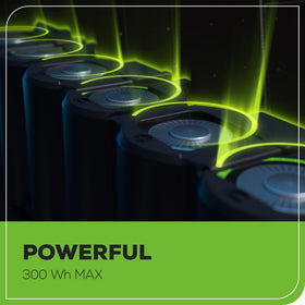 Greenworks 60V Ultra Power battery in use with a trimmer, steady fade-free performance.