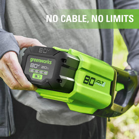 Greenworks 80V battery charging station demonstrates rapid recharge for faster task-ready power.