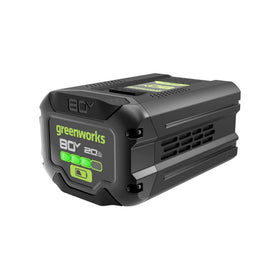 Greenworks 80V battery front view highlights compact, lightweight handling.