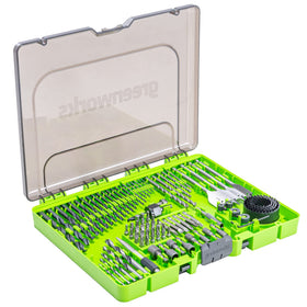 Greenworks 90-piece black oxide bit set for versatile drilling across wood, metal, plastic, and masonry.