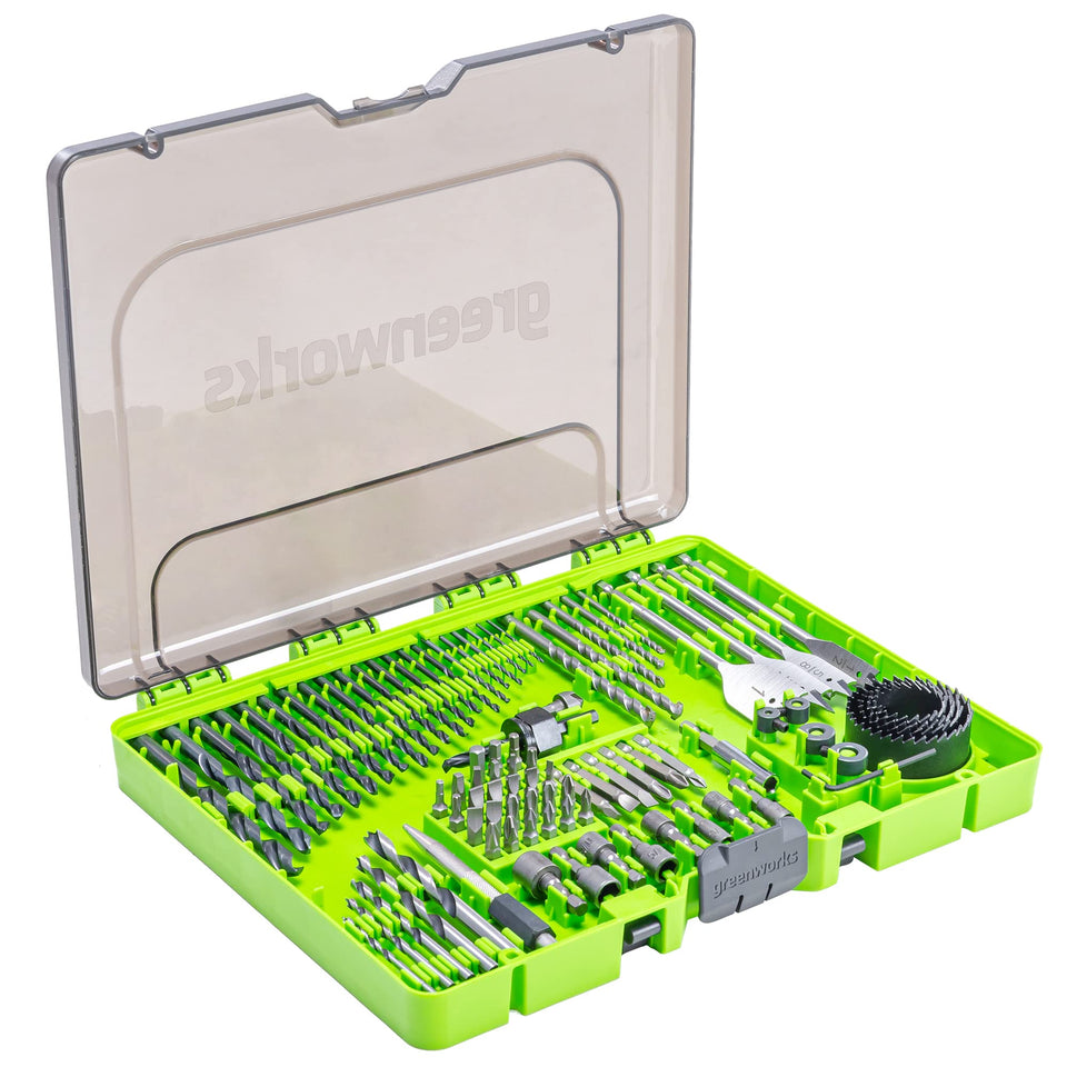 Greenworks 90-piece black oxide bit set for versatile drilling across wood, metal, plastic, and masonry.