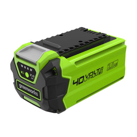 Greenworks GMAX 40V battery front view, compact power for yard tasks.