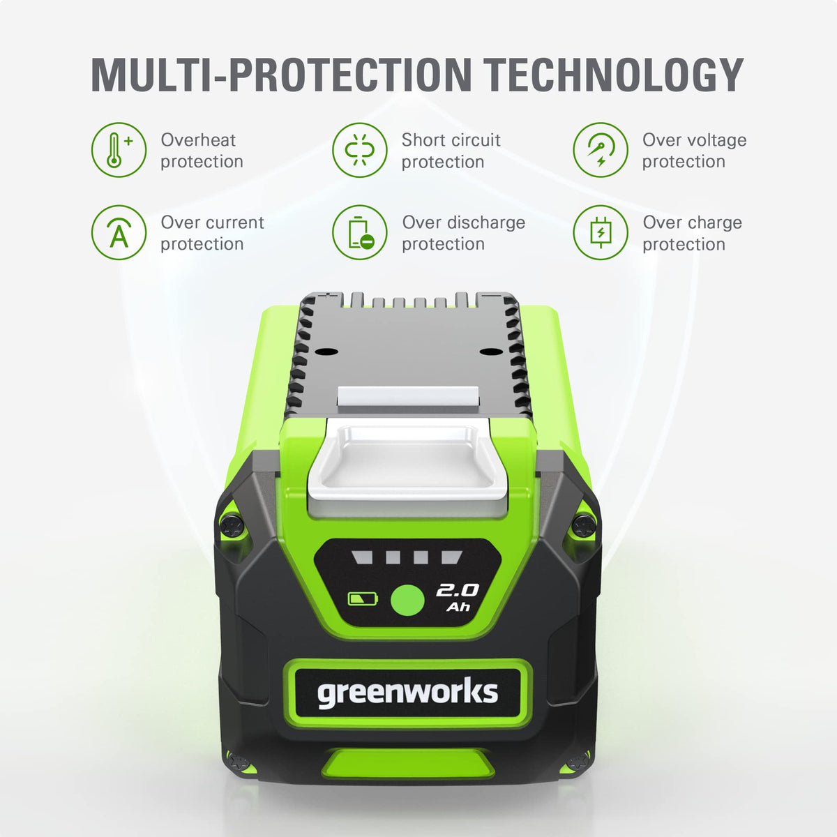 Greenworks GMAX 40V battery indicator display for quick charge monitoring.