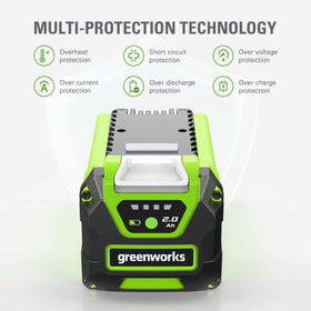 Greenworks GMAX 40V battery indicator display for quick charge monitoring.