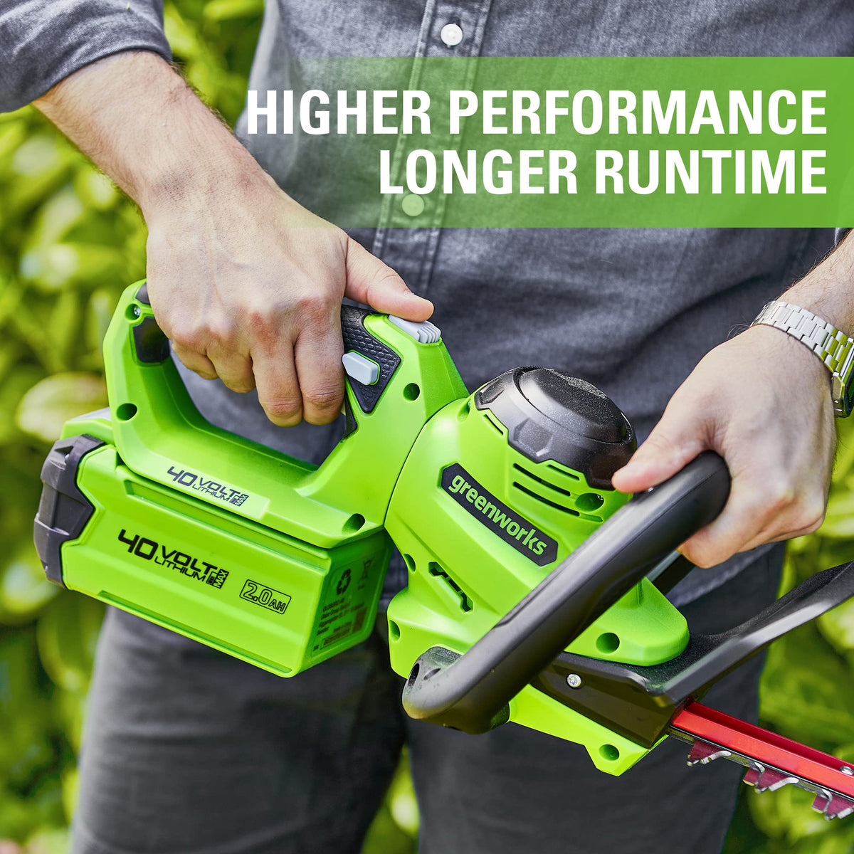Greenworks GMAX 40V battery snaps into tool for quick setup.