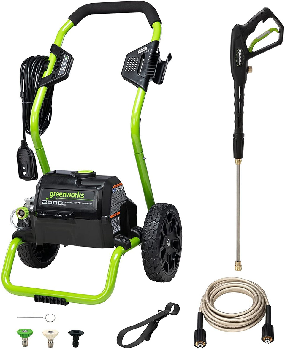 Greenworks GPW2000-1RG front view, compact power for quick outdoor cleaning.