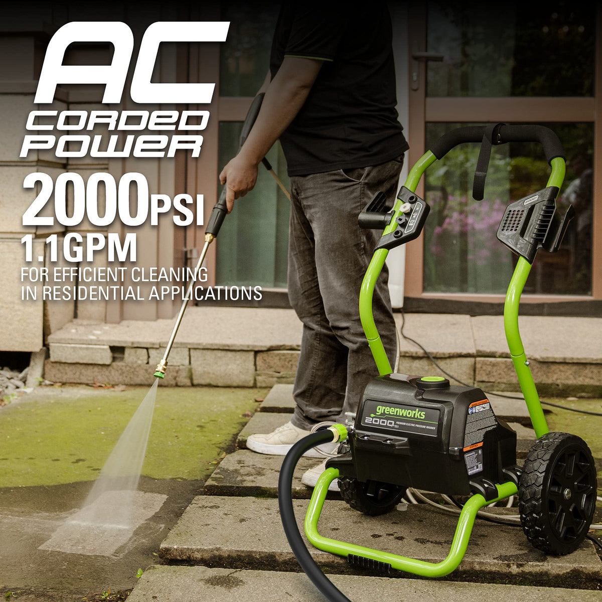 Greenworks GPW2000-1RG hose and wand, 25 ft reach for taller surfaces.