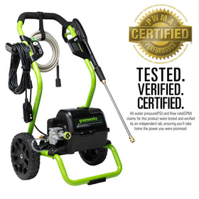 Greenworks GPW2000-1RG nozzle closeup, precision spray for grime removal.
