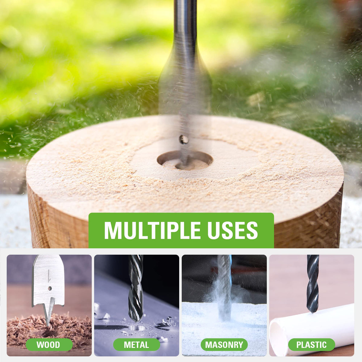 Greenworks hole saw set and mandrel enables clean, circular cuts in wood or plastic.