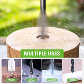 Greenworks hole saw set and mandrel enables clean, circular cuts in wood or plastic.