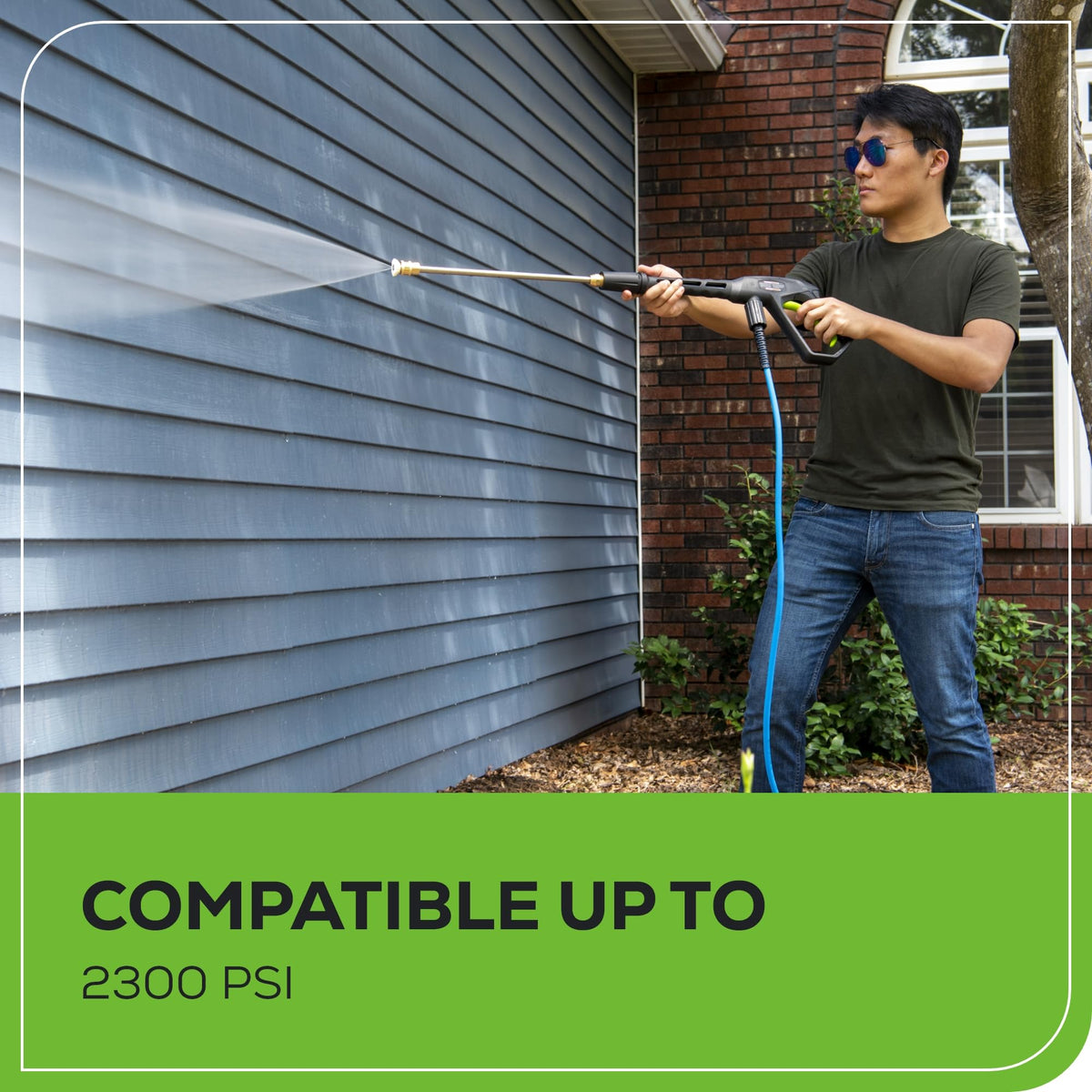 Greenworks metal spray gun with ergonomic grip for comfortable extended use.