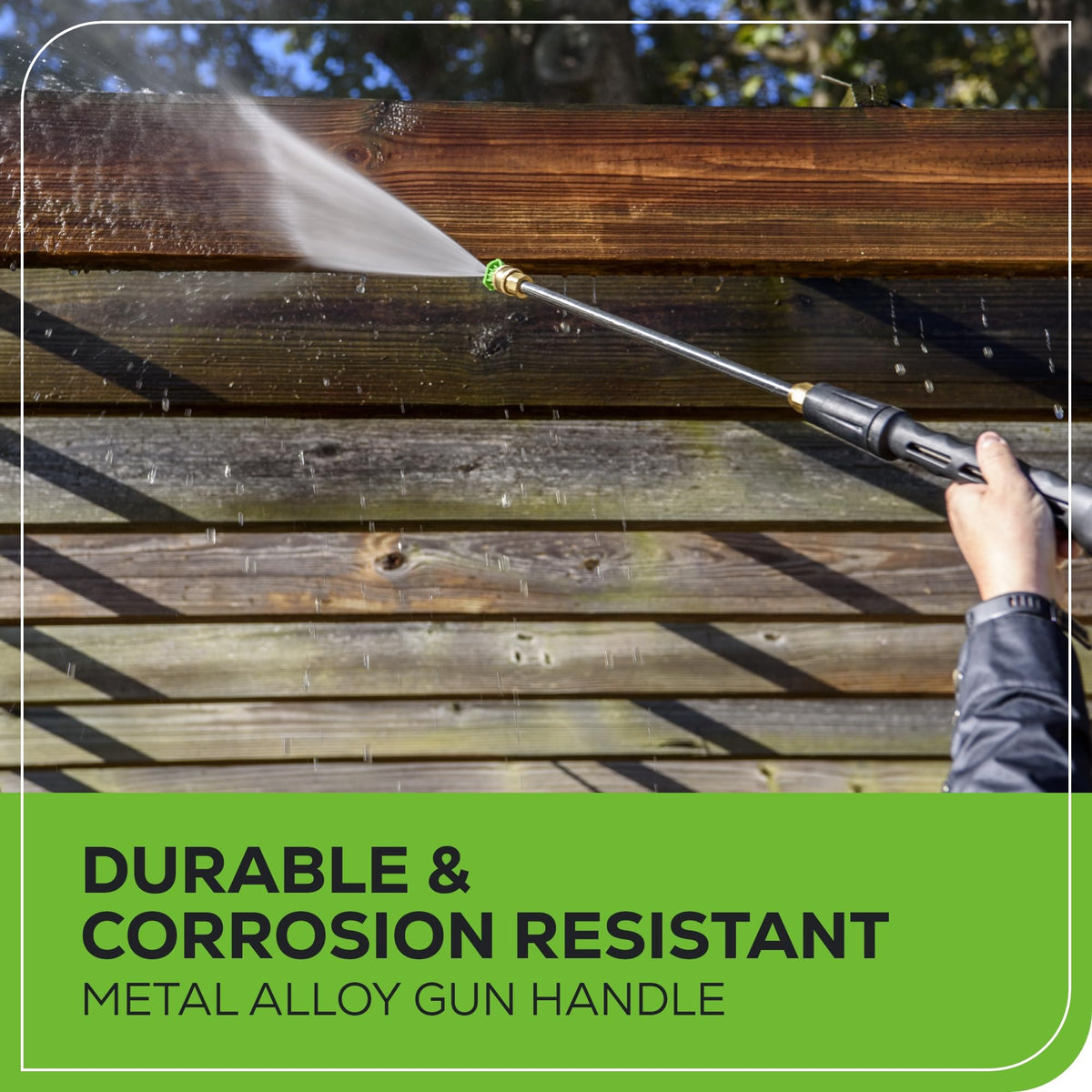 Greenworks spray gun with M22 x 14mm connector supports reliable hose connections.