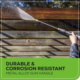 Greenworks spray gun with M22 x 14mm connector supports reliable hose connections.